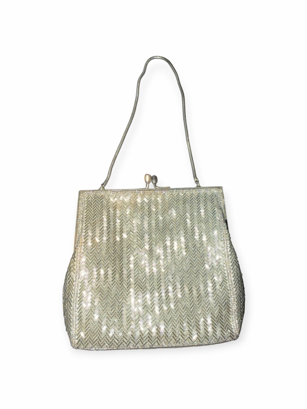 Vintage 1950s Silver Metallic Bugle Beaded Chevron Kisslock Evening Bag Clutch